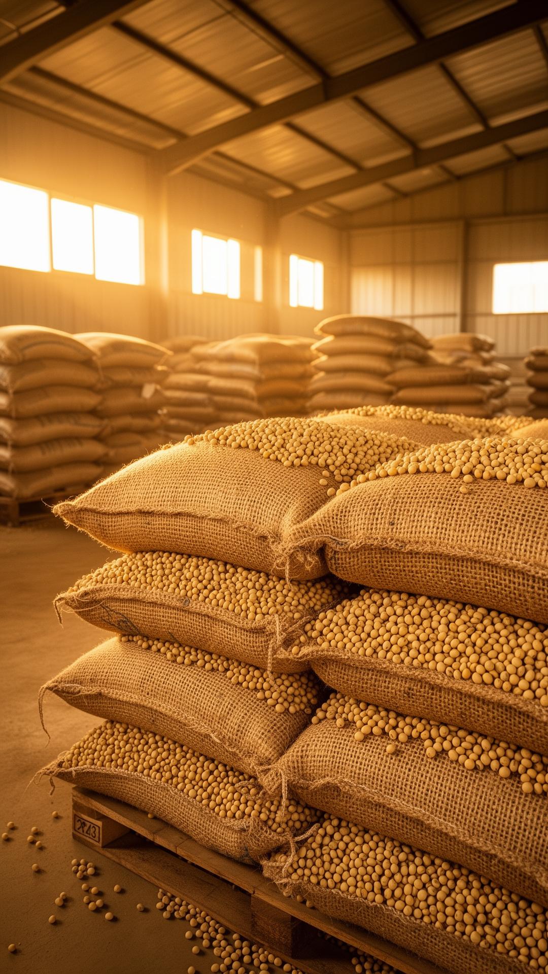 Soybean sacks ready for processing